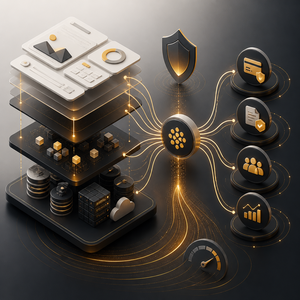 Editorial wide illustration showing connected front-end, back-end, APIs, and integration nodes for a scalable subscription platform using warm gold accents with no text.