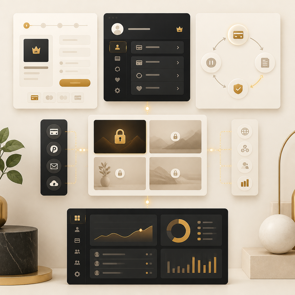 Abstract wide editorial layout showing recurring billing and gated access metaphors connected to account and admin modules in warm brand colors.
