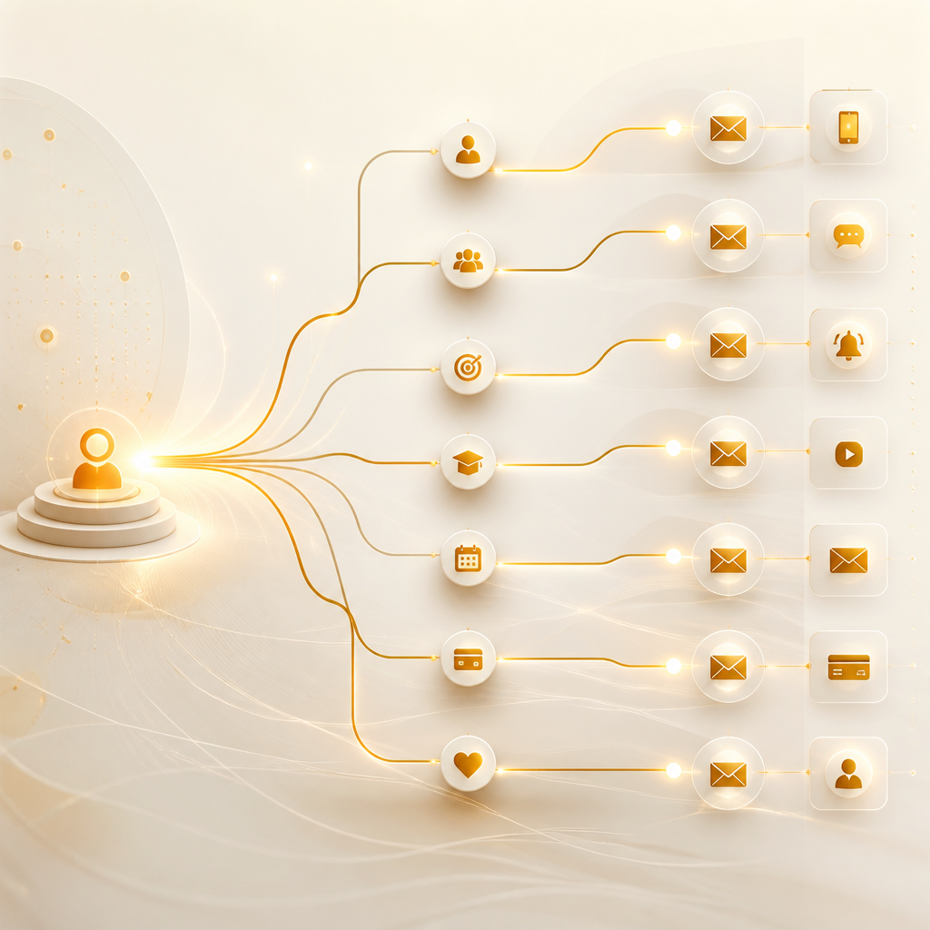 Abstract editorial illustration of event-driven automation branching into different subscription communication flows.