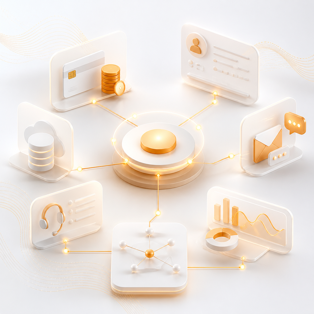 Abstract editorial composition of interconnected systems representing payment, CRM, messaging, analytics, support, and API data sync integrations.