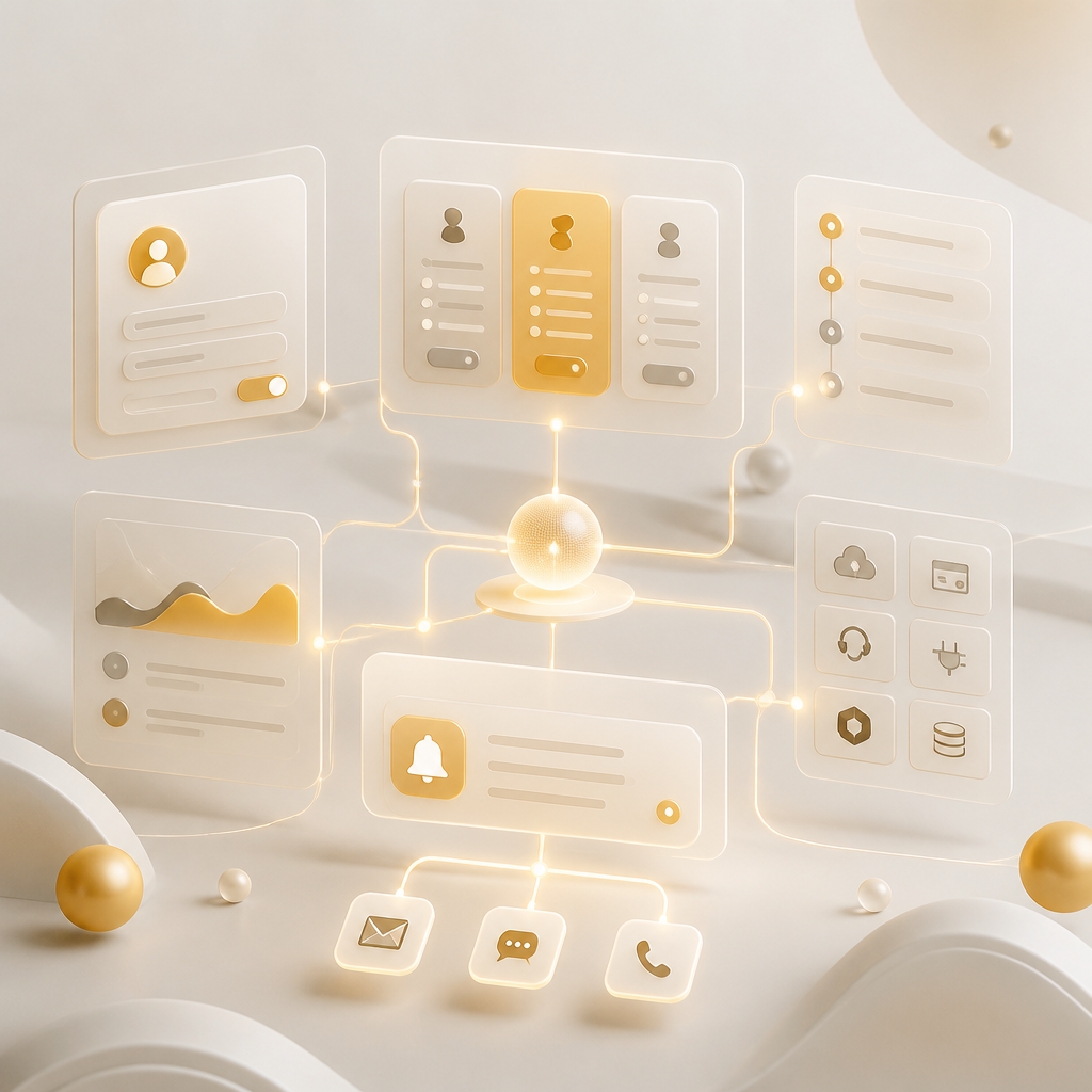 Abstract editorial scene of connected subscription website modules representing deeper functionality than a basic template.